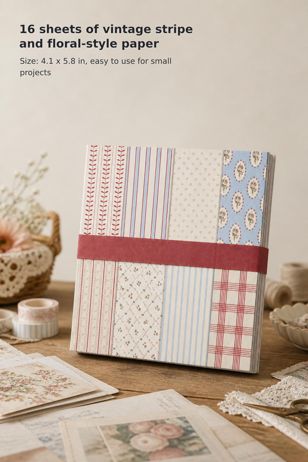 16-Sheet Vintage Striped Scrapbook Paper Set